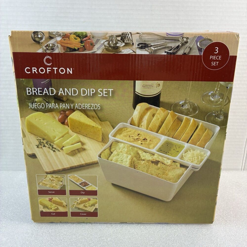 Crofton Bread and Dip Set - Bamboo Cutting Board, Serving Bowl, Sauce Tray -READ